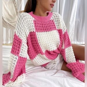pink color block chunky knit sweater